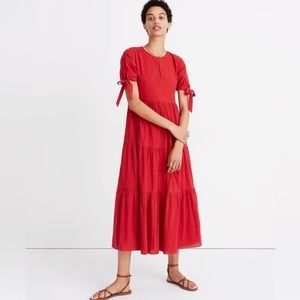 Madewell Tie-Sleeve Tiered Midi Dress in Swiss Dot